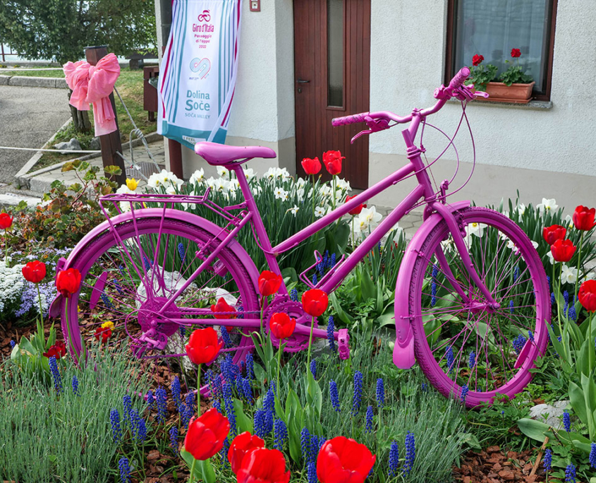 pink bike in front of house to support soca and giro 2022